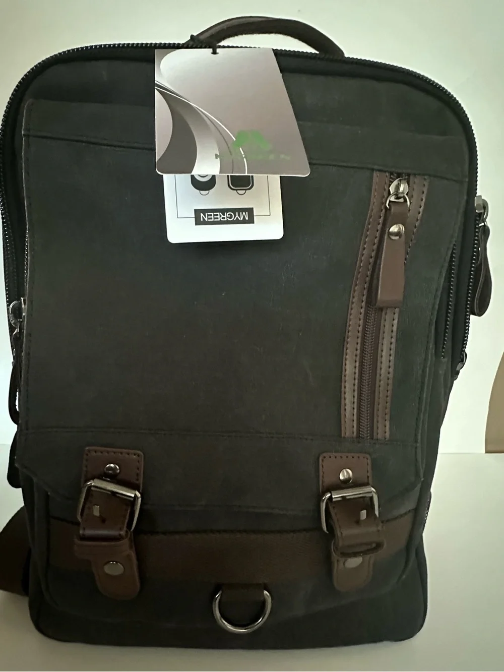 NEW MYGREEN Brown Backpack Zip & Buckle Closure, Leather Trim, Adjustable Strap